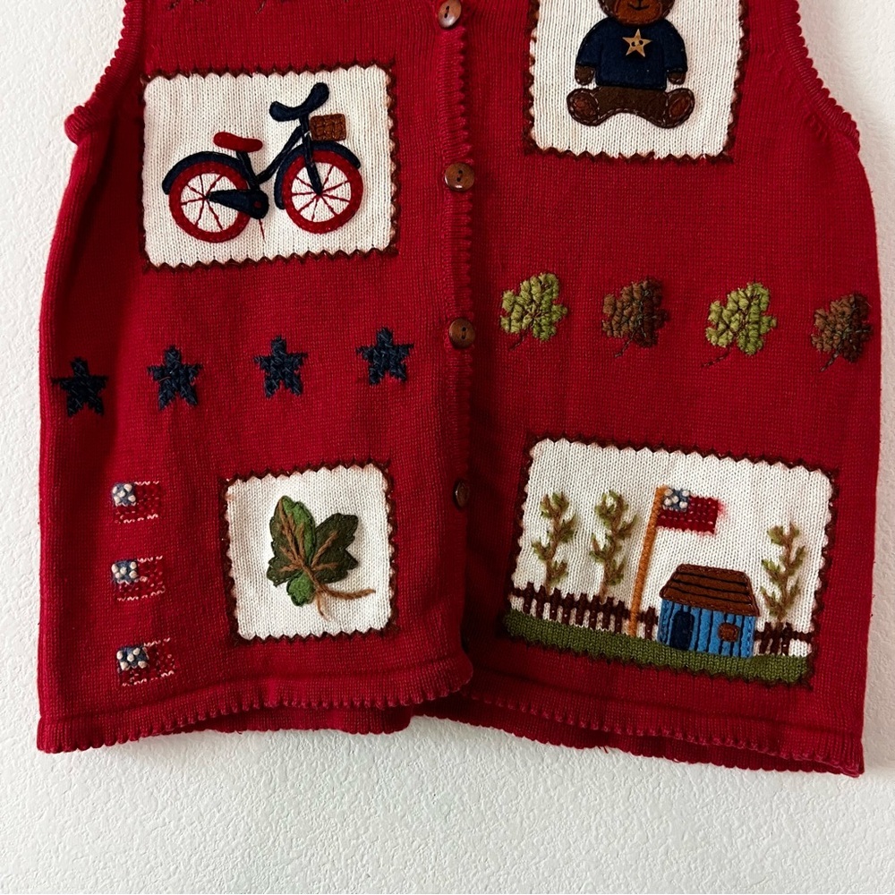 Marisa Christina Vintage Red Wool Blend Americana Teddy Bear Knit Sweater Vest S - Picture 5 of 16
